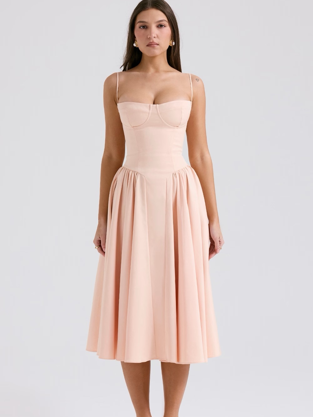 House of cb SAMARIA Peach Parfait Twill Corset Midi Dress NWOT